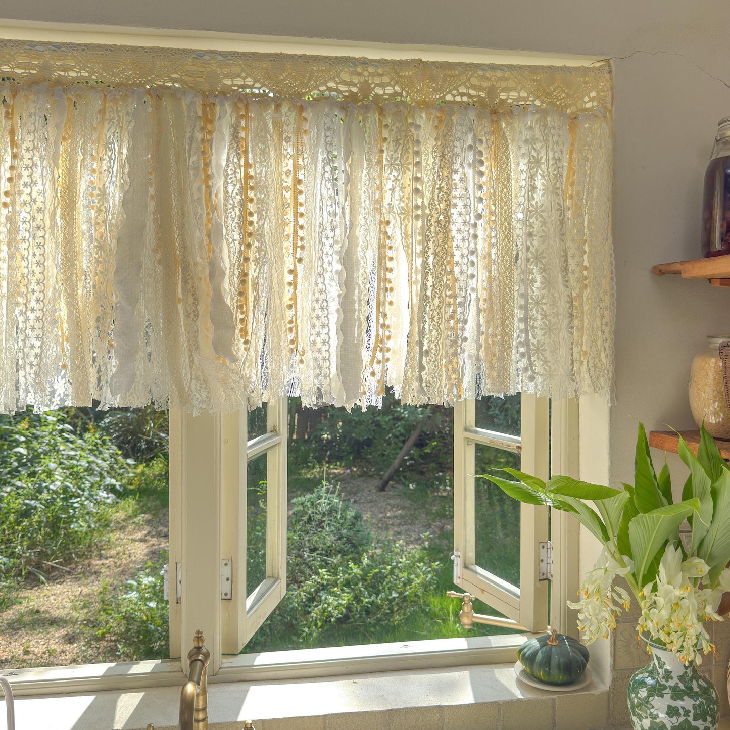 Rustic Shabby Chic Boho Curtains Valance, Beige White Crochet Lace Cafe Curtain, Cottagecore Farmhouse Kitchen Half Curtain, H-22inch (56cm)