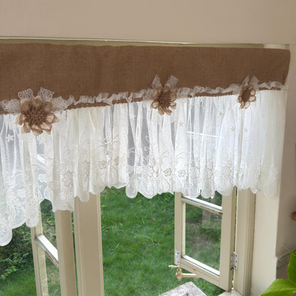 Shabby White Lace Curtain, Rustic Cottage Burlap Embroidered Tulle Window Valance, Farmhouse Kitchen Valance, Cafe Curtai, H-22inch (55cm)