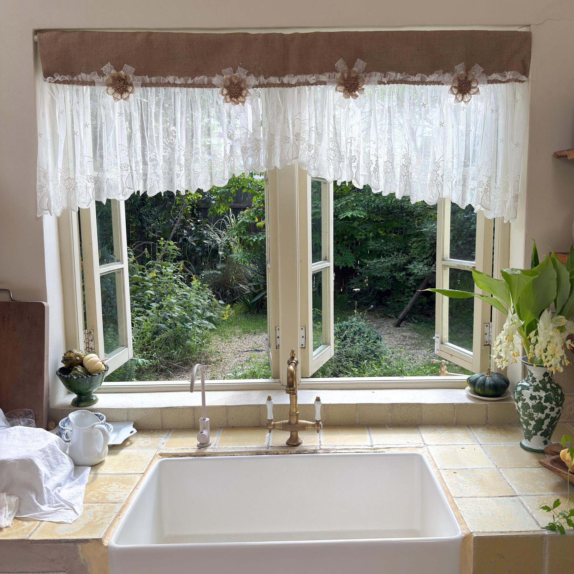 Shabby White Lace Curtain, Rustic Cottage Burlap Embroidered Tulle Window Valance, Farmhouse Kitchen Valance, Cafe Curtai, H-22inch (55cm)