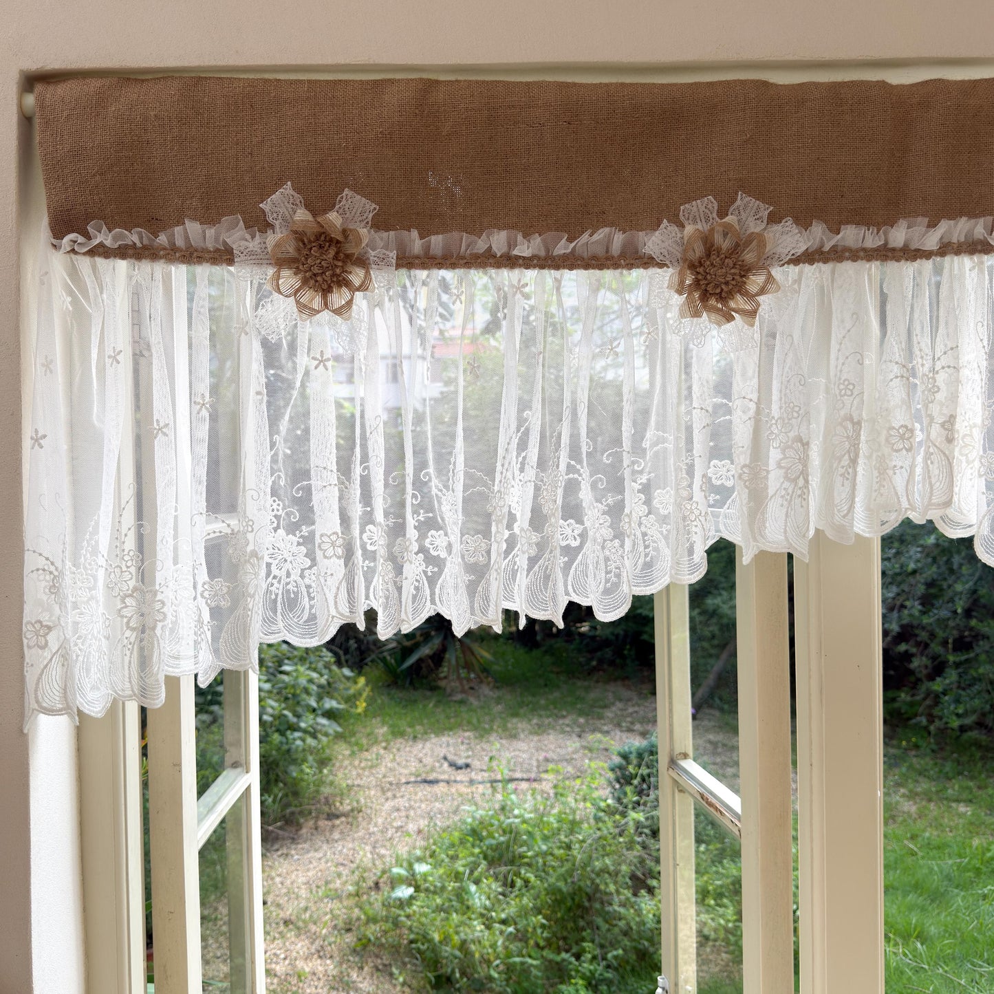 Shabby White Lace Curtain, Rustic Cottage Burlap Embroidered Tulle Window Valance, Farmhouse Kitchen Valance, Cafe Curtai, H-22inch (55cm)