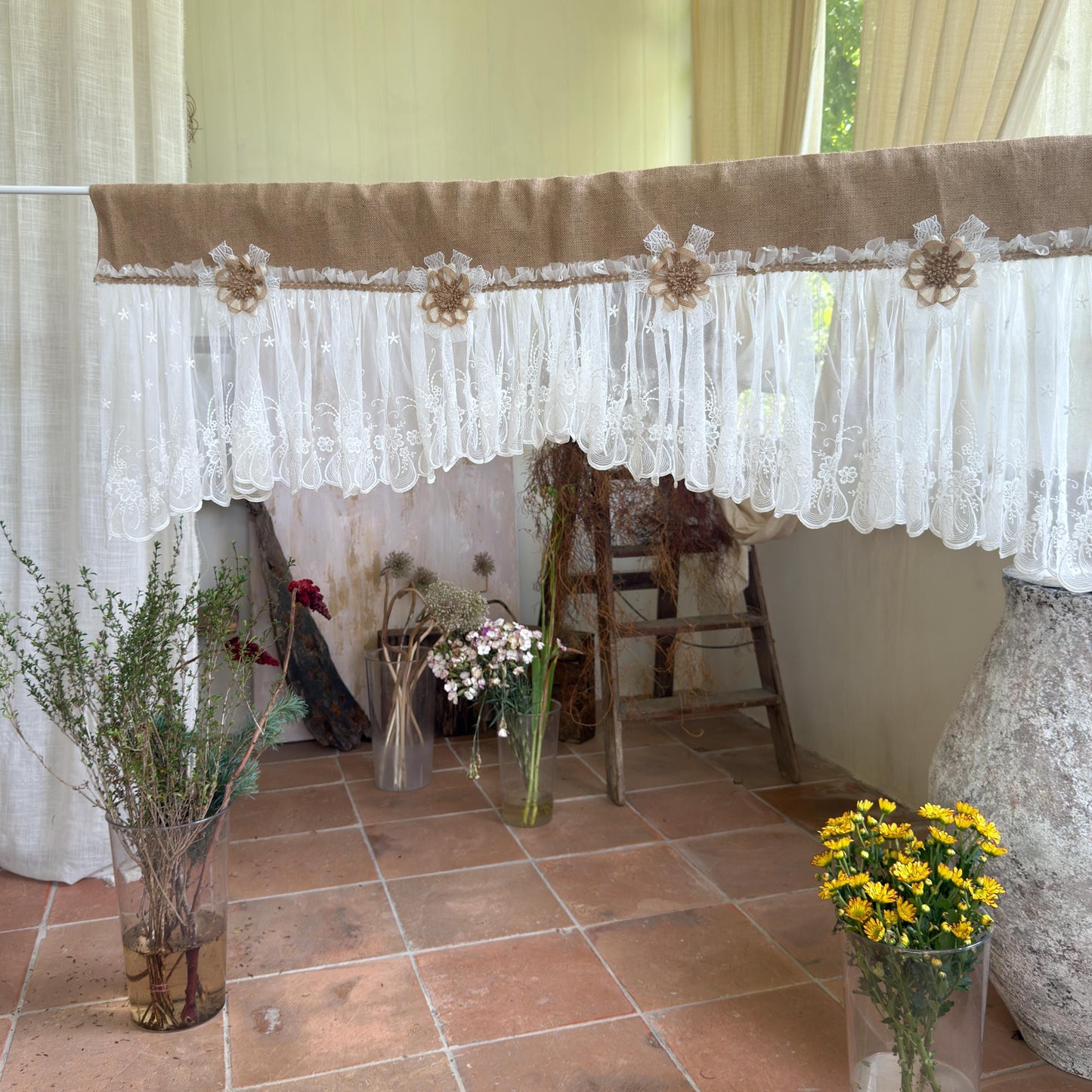 Shabby White Lace Curtain, Rustic Cottage Burlap Embroidered Tulle Window Valance, Farmhouse Kitchen Valance, Cafe Curtai, H-22inch (55cm)