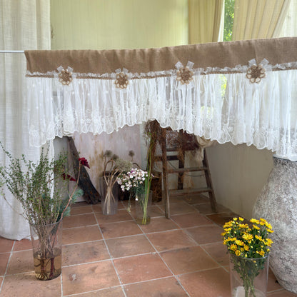 Shabby White Lace Curtain, Rustic Cottage Burlap Embroidered Tulle Window Valance, Farmhouse Kitchen Valance, Cafe Curtai, H-22inch (55cm)