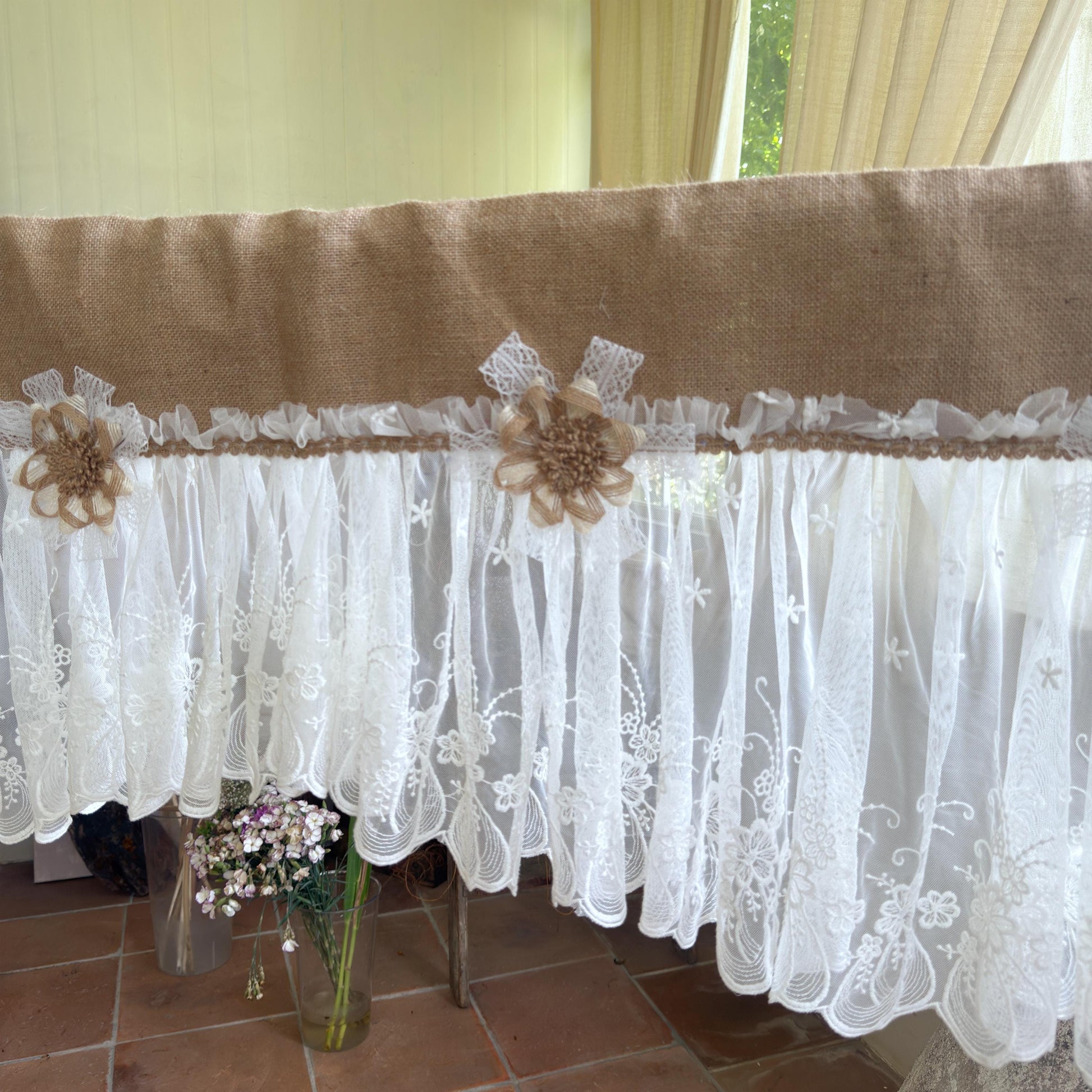Shabby White Lace Curtain, Rustic Cottage Burlap Embroidered Tulle Window Valance, Farmhouse Kitchen Valance, Cafe Curtai, H-22inch (55cm)
