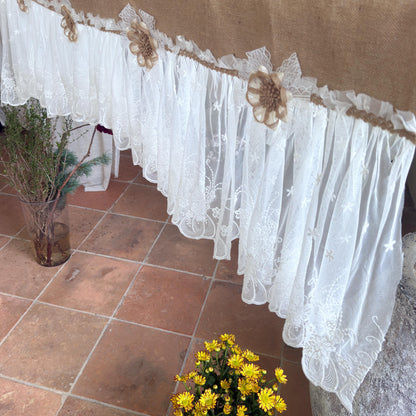 Shabby White Lace Curtain, Rustic Cottage Burlap Embroidered Tulle Window Valance, Farmhouse Kitchen Valance, Cafe Curtai, H-22inch (55cm)