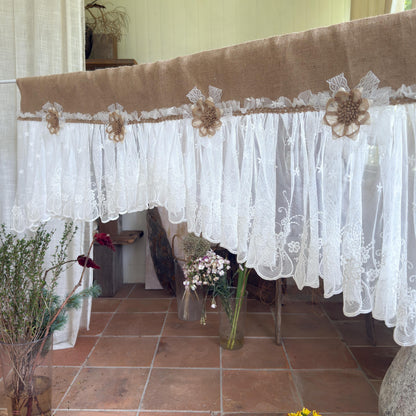 Shabby White Lace Curtain, Rustic Cottage Burlap Embroidered Tulle Window Valance, Farmhouse Kitchen Valance, Cafe Curtai, H-22inch (55cm)