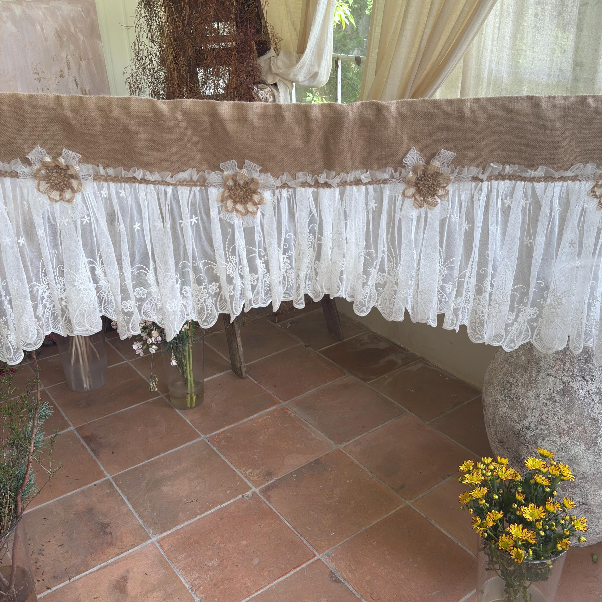 Shabby White Lace Curtain, Rustic Cottage Burlap Embroidered Tulle Window Valance, Farmhouse Kitchen Valance, Cafe Curtai, H-22inch (55cm)