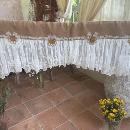 Shabby White Lace Curtain, Rustic Cottage Burlap Embroidered Tulle Window Valance, Farmhouse Kitchen Valance, Cafe Curtai, H-22inch (55cm)