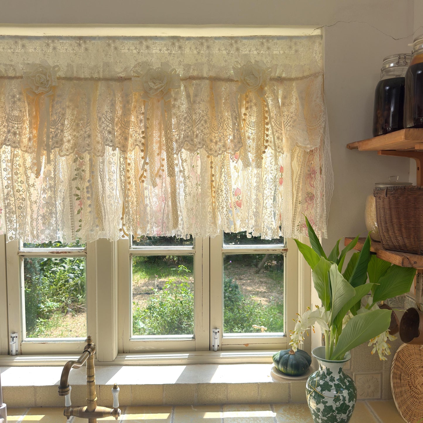 Handmade Custom Beige Pink Embroidered Flowers Lace Valance, Farmhouse Country Kitchen Curtains, Shabby Chic Cafe Curtains, H-25inch (63cm)