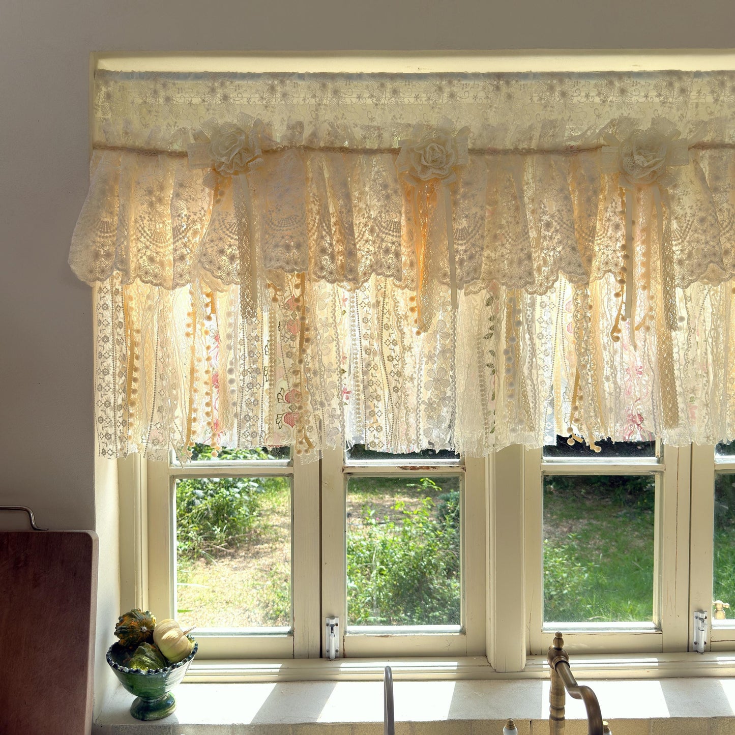 Handmade Custom Beige Pink Embroidered Flowers Lace Valance, Farmhouse Country Kitchen Curtains, Shabby Chic Cafe Curtains, H-25inch (63cm)