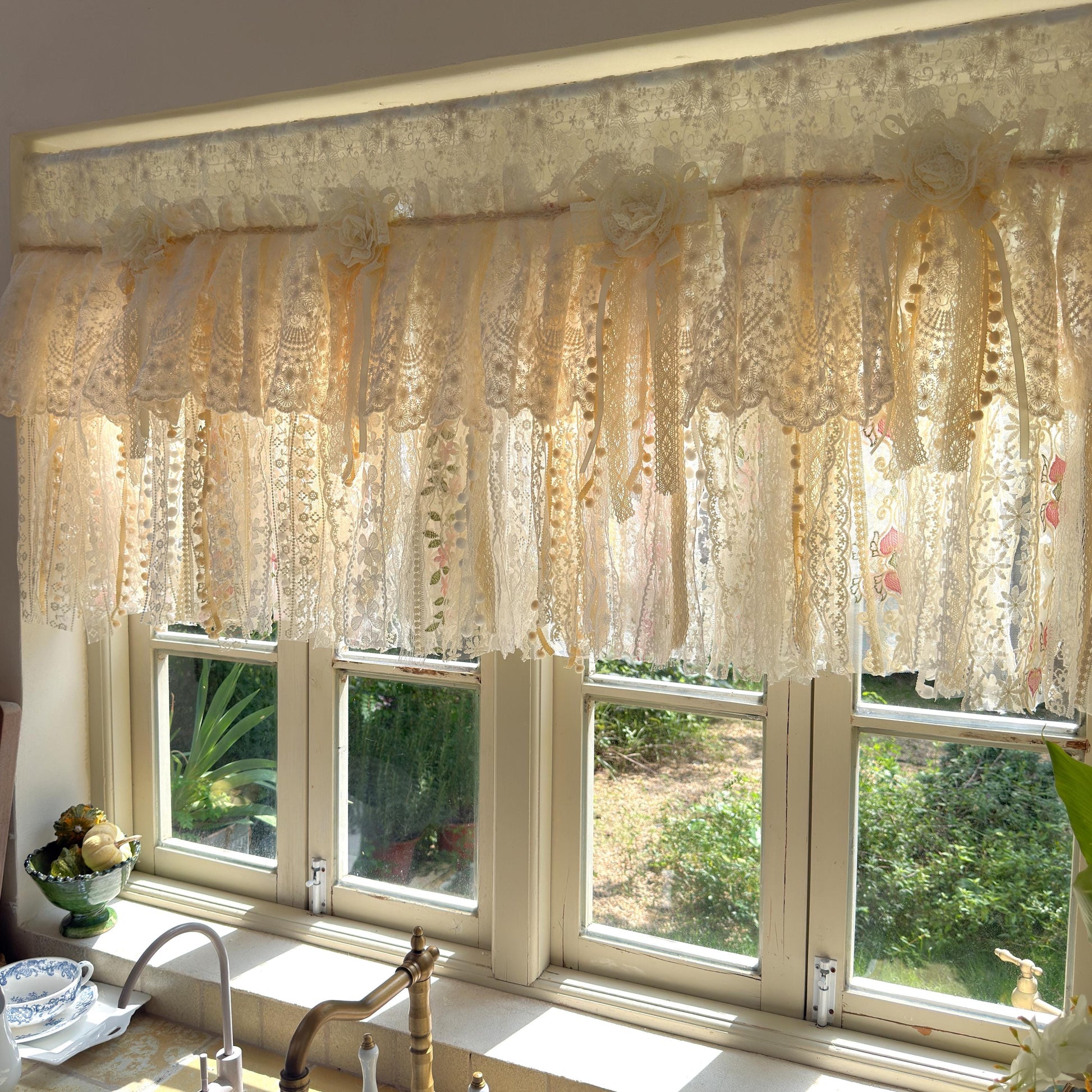 Handmade Custom Beige Pink Embroidered Flowers Lace Valance, Farmhouse Country Kitchen Curtains, Shabby Chic Cafe Curtains, H-25inch (63cm)