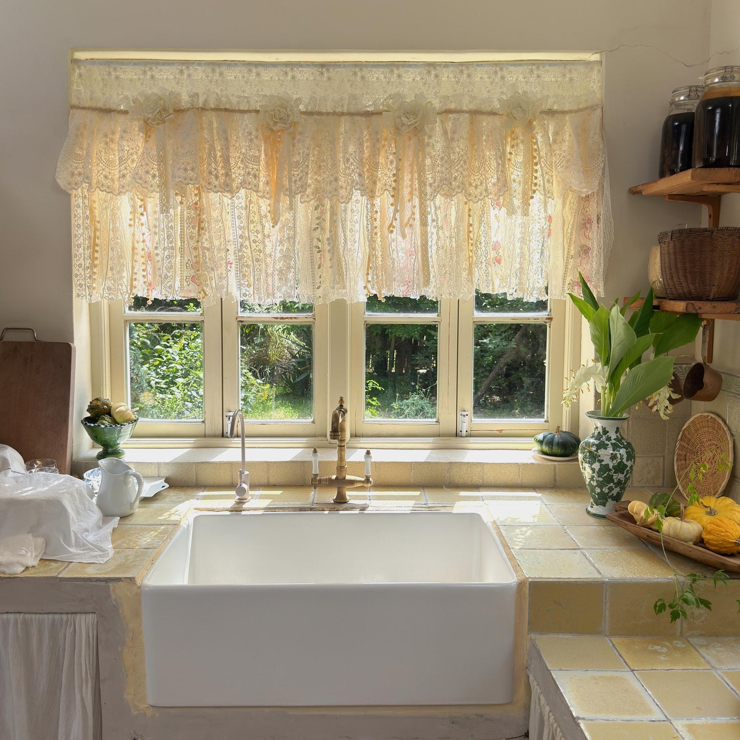 Handmade Custom Beige Pink Embroidered Flowers Lace Valance, Farmhouse Country Kitchen Curtains, Shabby Chic Cafe Curtains, H-25inch (63cm)