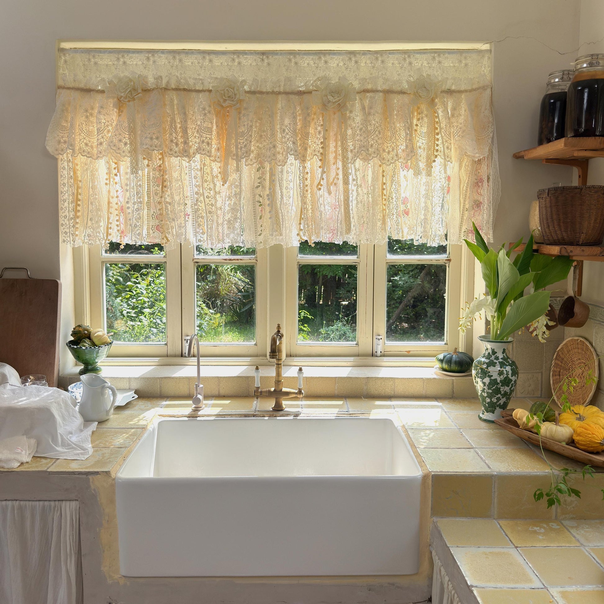 Handmade Custom Beige Pink Embroidered Flowers Lace Valance, Farmhouse Country Kitchen Curtains, Shabby Chic Cafe Curtains, H-25inch (63cm)