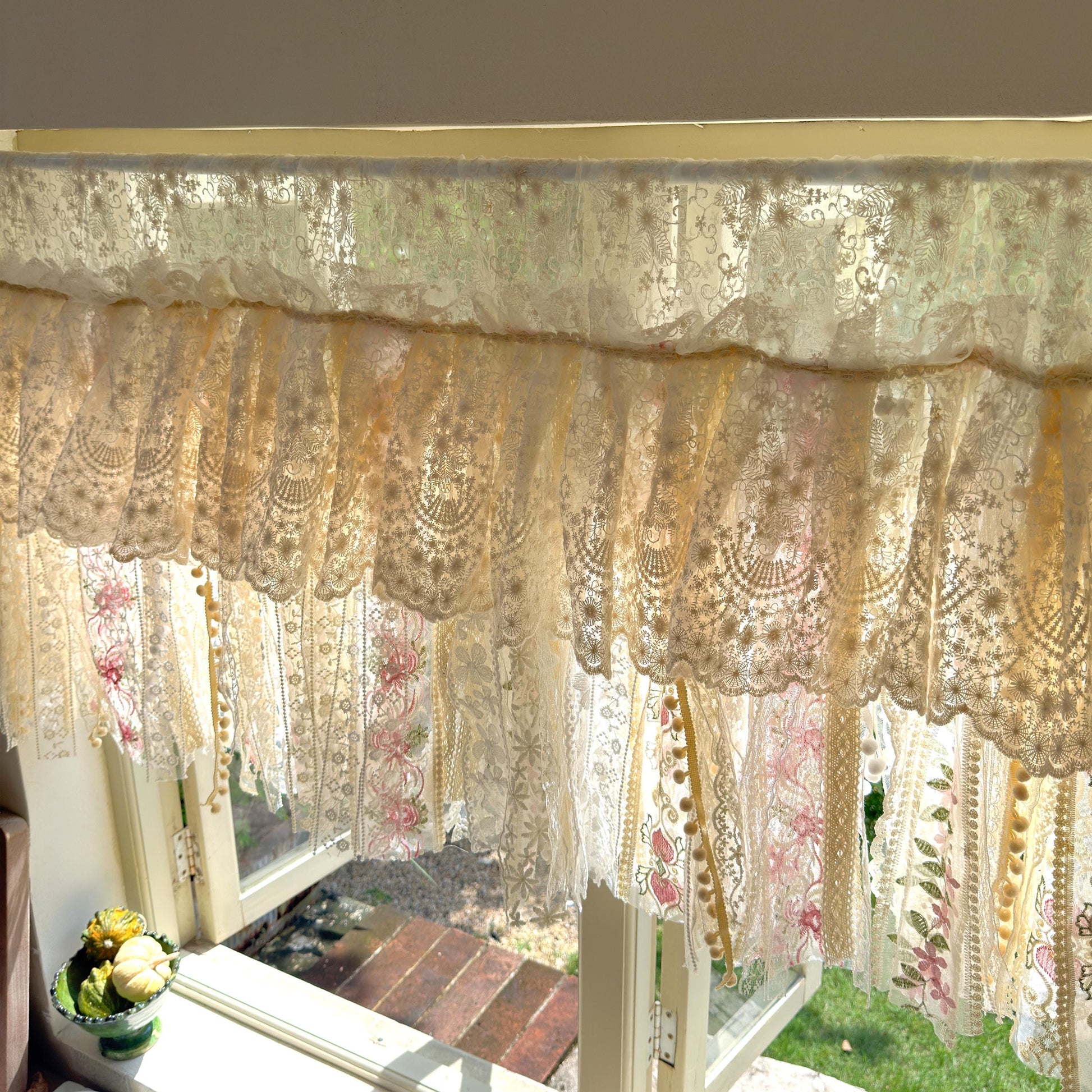 Handmade Custom Beige Pink Embroidered Flowers Lace Valance, Farmhouse Country Kitchen Curtains, Shabby Chic Cafe Curtains, H-25inch (63cm)