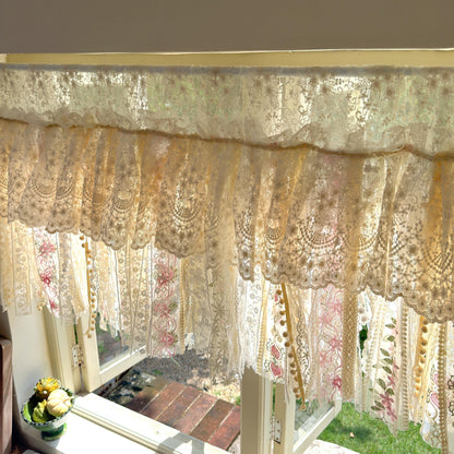 Handmade Custom Beige Pink Embroidered Flowers Lace Valance, Farmhouse Country Kitchen Curtains, Shabby Chic Cafe Curtains, H-25inch (63cm)