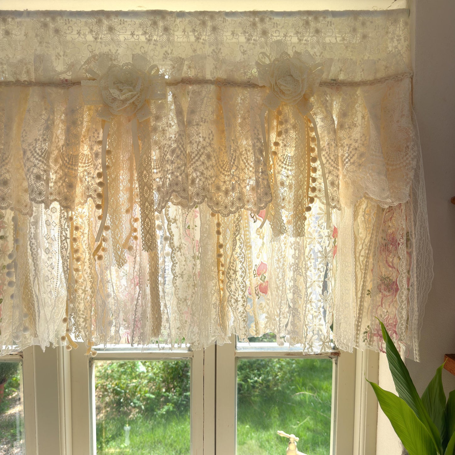 Handmade Custom Beige Pink Embroidered Flowers Lace Valance, Farmhouse Country Kitchen Curtains, Shabby Chic Cafe Curtains, H-25inch (63cm)