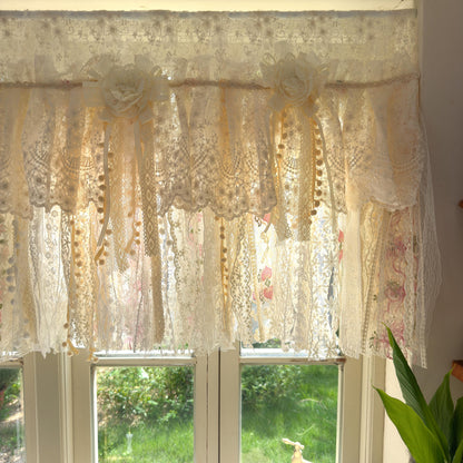 Handmade Custom Beige Pink Embroidered Flowers Lace Valance, Farmhouse Country Kitchen Curtains, Shabby Chic Cafe Curtains, H-25inch (63cm)