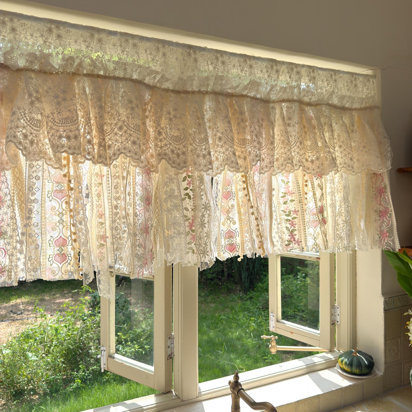 Handmade Custom Beige Pink Embroidered Flowers Lace Valance, Farmhouse Country Kitchen Curtains, Shabby Chic Cafe Curtains, H-25inch (63cm)