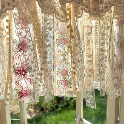 Handmade Custom Beige Pink Embroidered Flowers Lace Valance, Farmhouse Country Kitchen Curtains, Shabby Chic Cafe Curtains, H-25inch (63cm)