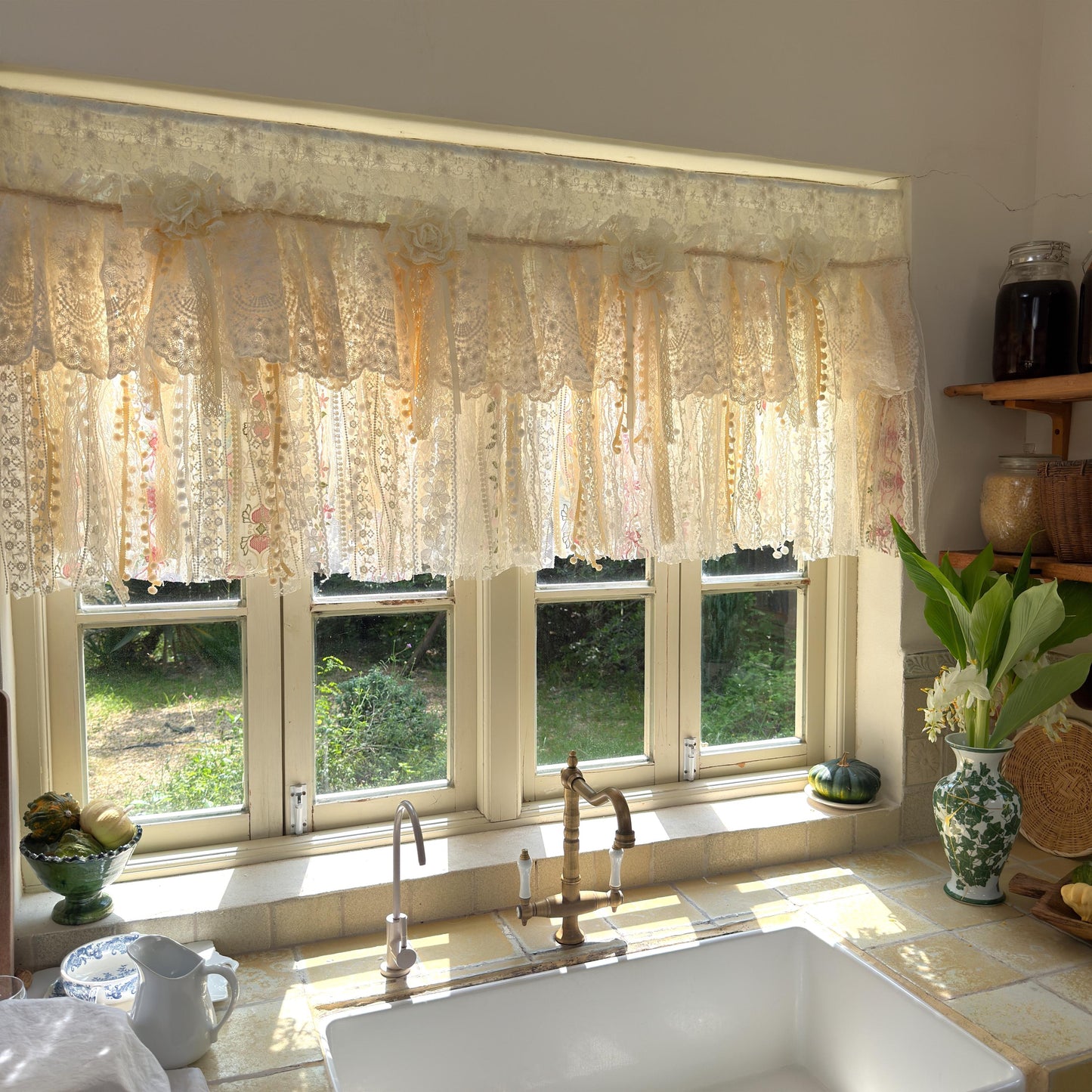 Handmade Custom Beige Pink Embroidered Flowers Lace Valance, Farmhouse Country Kitchen Curtains, Shabby Chic Cafe Curtains, H-25inch (63cm)