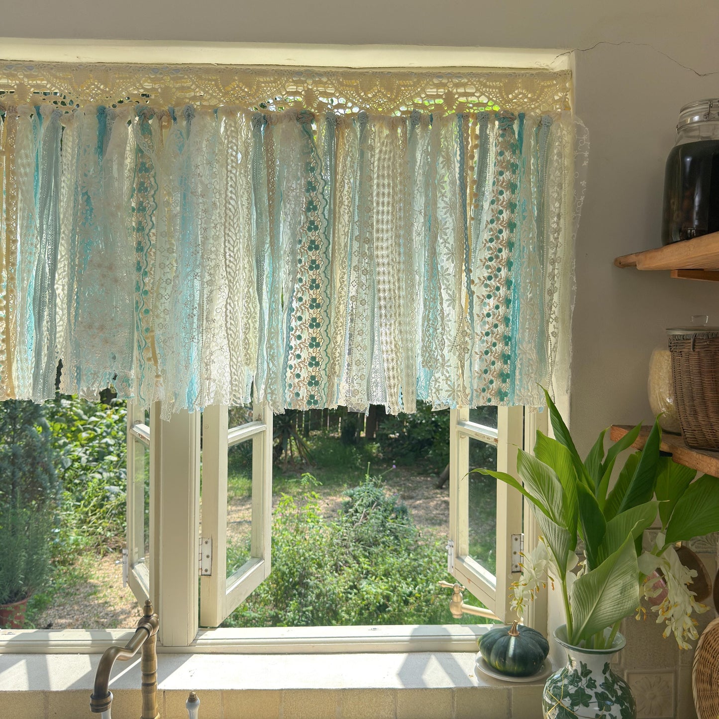 Gradient Sage Blue Green Shabby Chic Window Valance, Crochet Lace Cafe Curtain, Cottagecore Farmhouse Kitchen Half Curtains, H-22inch (56cm)
