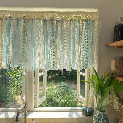 Gradient Sage Blue Green Shabby Chic Window Valance, Crochet Lace Cafe Curtain, Cottagecore Farmhouse Kitchen Half Curtains, H-22inch (56cm)