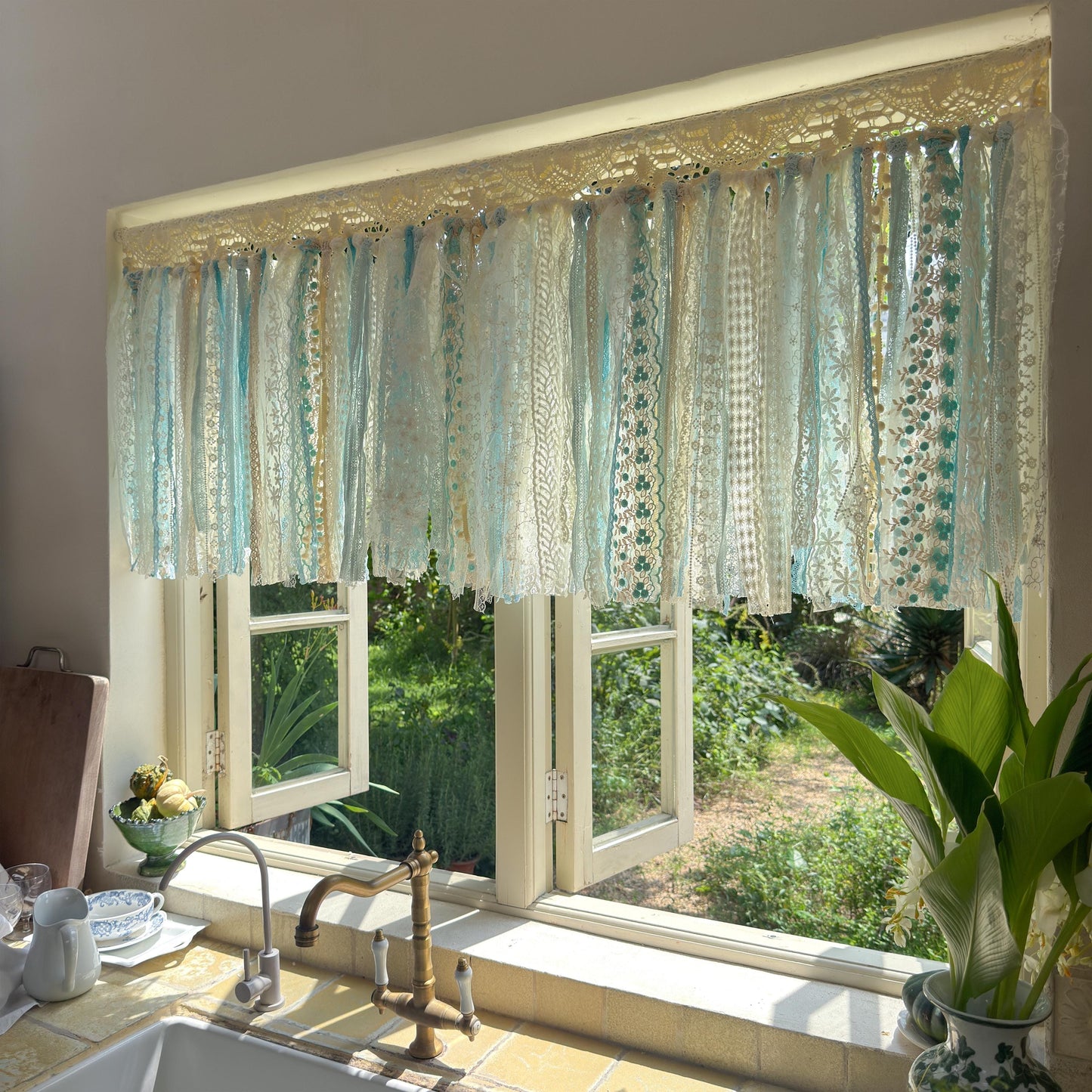 Gradient Sage Blue Green Shabby Chic Window Valance, Crochet Lace Cafe Curtain, Cottagecore Farmhouse Kitchen Half Curtains, H-22inch (56cm)