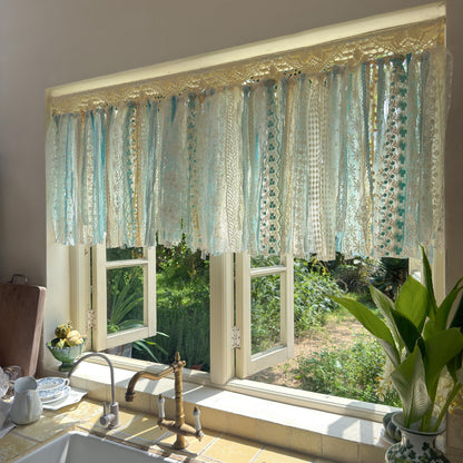 Gradient Sage Blue Green Shabby Chic Window Valance, Crochet Lace Cafe Curtain, Cottagecore Farmhouse Kitchen Half Curtains, H-22inch (56cm)