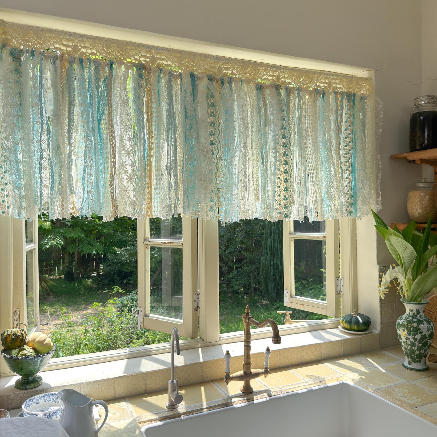 Gradient Sage Blue Green Shabby Chic Window Valance, Crochet Lace Cafe Curtain, Cottagecore Farmhouse Kitchen Half Curtains, H-22inch (56cm)