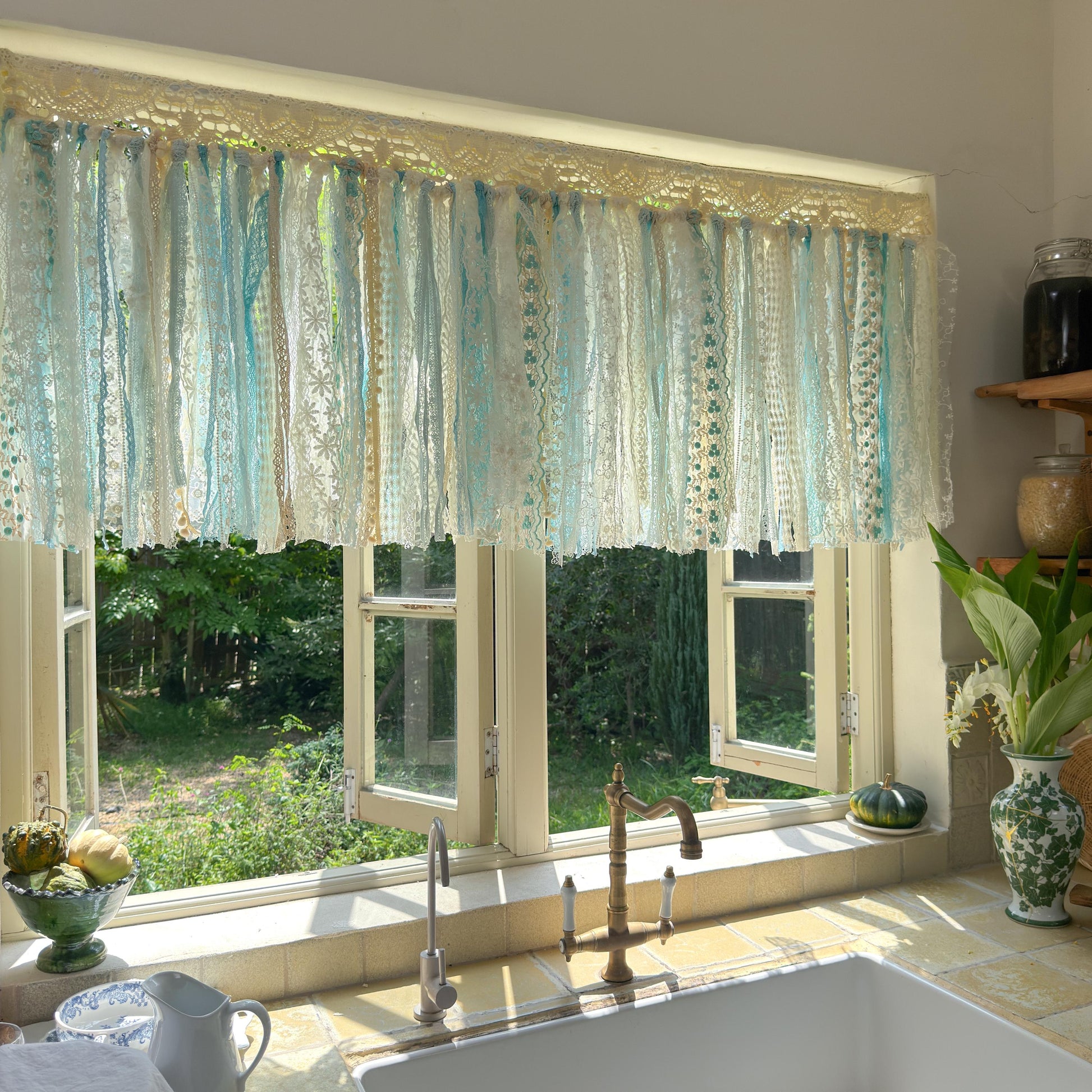 Gradient Sage Blue Green Shabby Chic Window Valance, Crochet Lace Cafe Curtain, Cottagecore Farmhouse Kitchen Half Curtains, H-22inch (56cm)