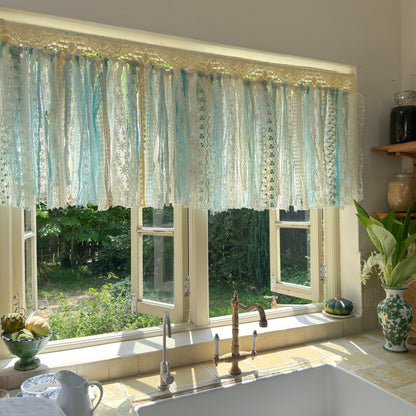 Gradient Sage Blue Green Shabby Chic Window Valance, Crochet Lace Cafe Curtain, Cottagecore Farmhouse Kitchen Half Curtains, H-22inch (56cm)