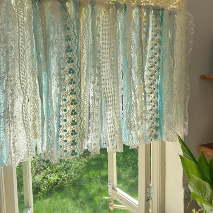 Gradient Sage Blue Green Shabby Chic Window Valance, Crochet Lace Cafe Curtain, Cottagecore Farmhouse Kitchen Half Curtains, H-22inch (56cm)