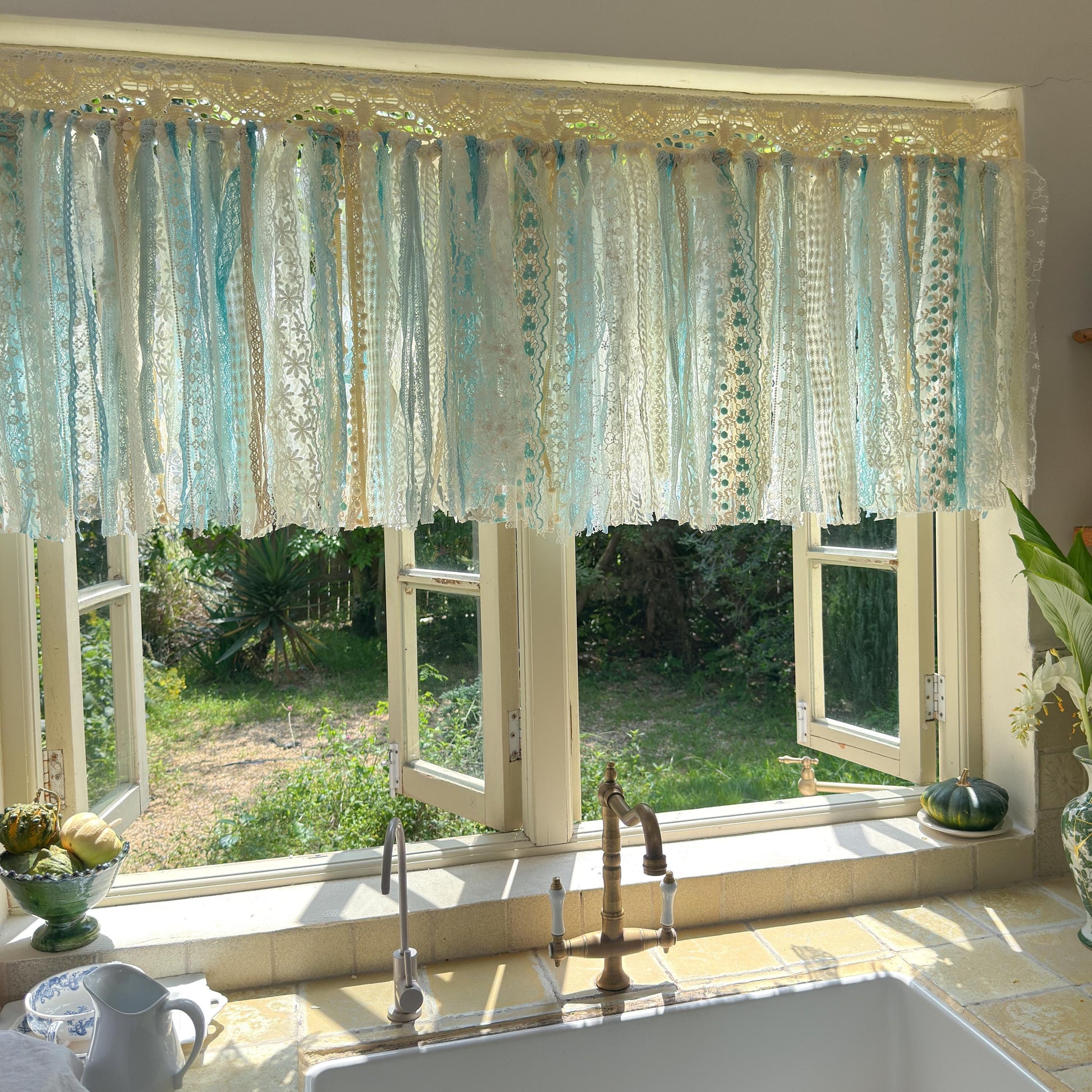 Gradient Sage Blue Green Shabby Chic Window Valance, Crochet Lace Cafe Curtain, Cottagecore Farmhouse Kitchen Half Curtains, H-22inch (56cm)