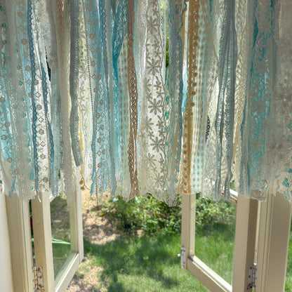 Gradient Sage Blue Green Shabby Chic Window Valance, Crochet Lace Cafe Curtain, Cottagecore Farmhouse Kitchen Half Curtains, H-22inch (56cm)