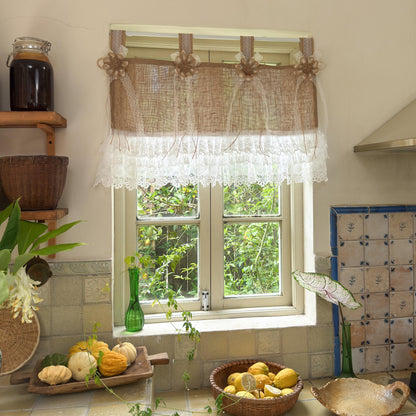 Rustic Cottage Farmhouse Burlap Lace Valance Jute Bows, Shabby Chic Window Curtains Topper, White Ruffled Tab Top Valance, H-22inch (55cm)