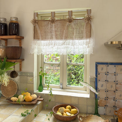 Rustic Cottage Farmhouse Burlap Lace Valance Jute Bows, Shabby Chic Window Curtains Topper, White Ruffled Tab Top Valance, H-22inch (55cm)