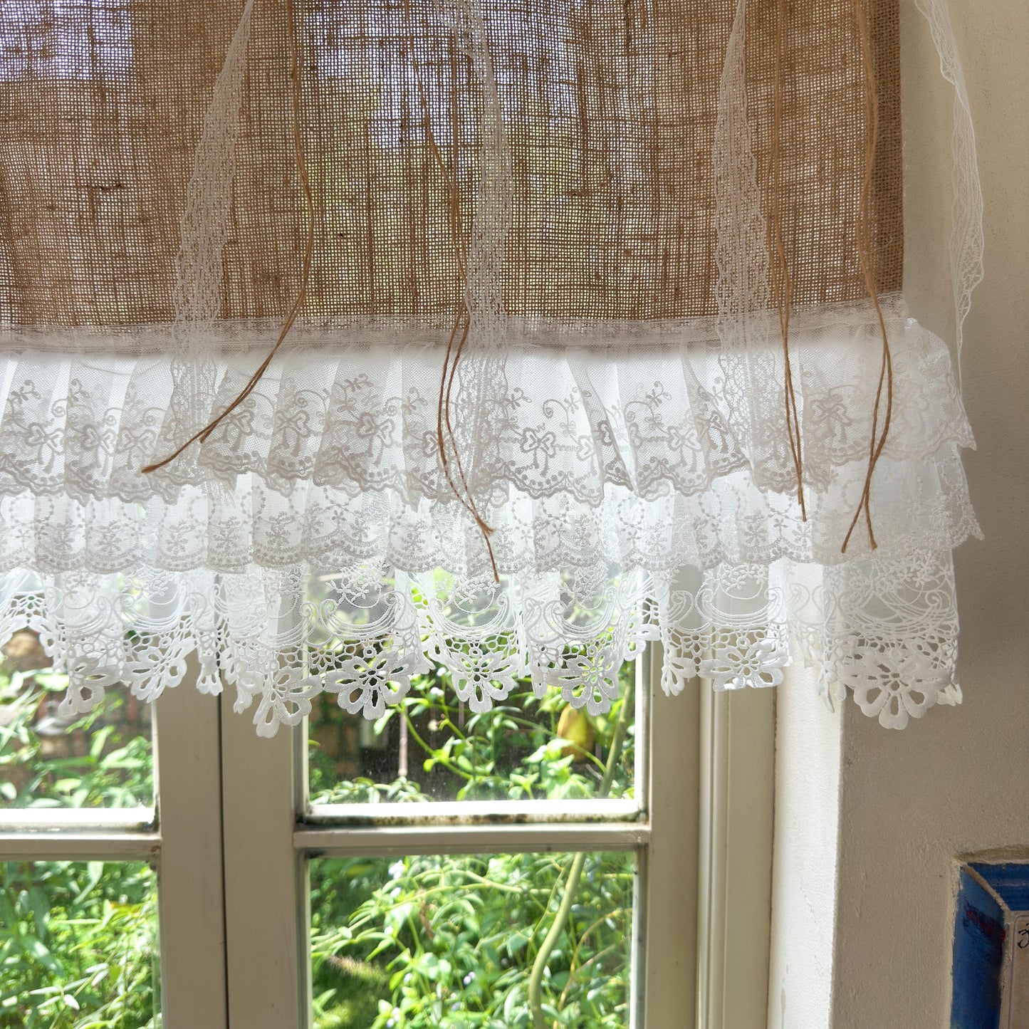 Rustic Cottage Farmhouse Burlap Lace Valance Jute Bows, Shabby Chic Window Curtains Topper, White Ruffled Tab Top Valance, H-22inch (55cm)