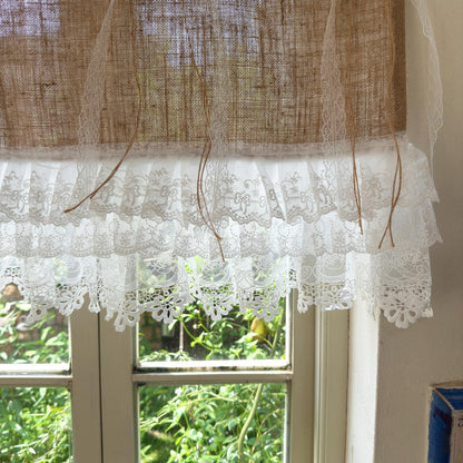 Rustic Cottage Farmhouse Burlap Lace Valance Jute Bows, Shabby Chic Window Curtains Topper, White Ruffled Tab Top Valance, H-22inch (55cm)