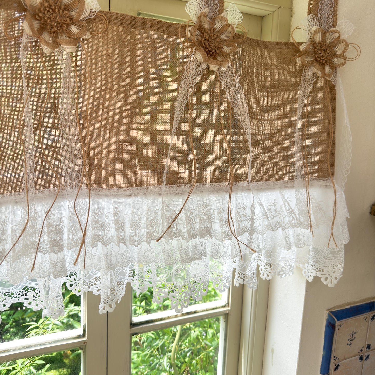 Rustic Cottage Farmhouse Burlap Lace Valance Jute Bows, Shabby Chic Window Curtains Topper, White Ruffled Tab Top Valance, H-22inch (55cm)