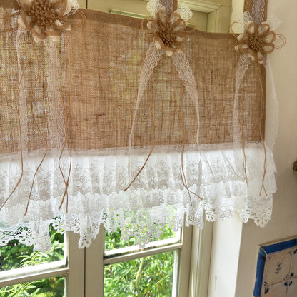 Rustic Cottage Farmhouse Burlap Lace Valance Jute Bows, Shabby Chic Window Curtains Topper, White Ruffled Tab Top Valance, H-22inch (55cm)