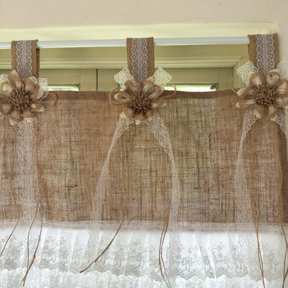 Rustic Cottage Farmhouse Burlap Lace Valance Jute Bows, Shabby Chic Window Curtains Topper, White Ruffled Tab Top Valance, H-22inch (55cm)