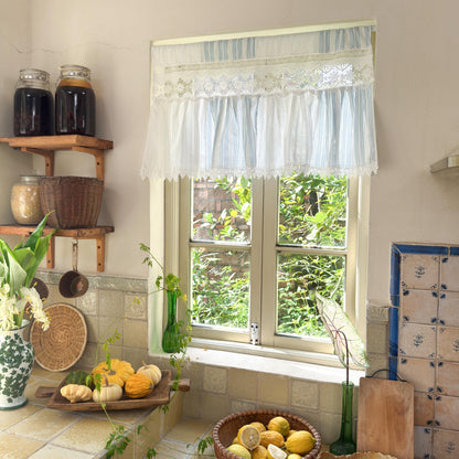 Unique Victorian Cottage Window Valance, Ruffled Lace Cotton Cafe Curtain, French Country White Embroidered Short Curtain, Farmhouse Decor