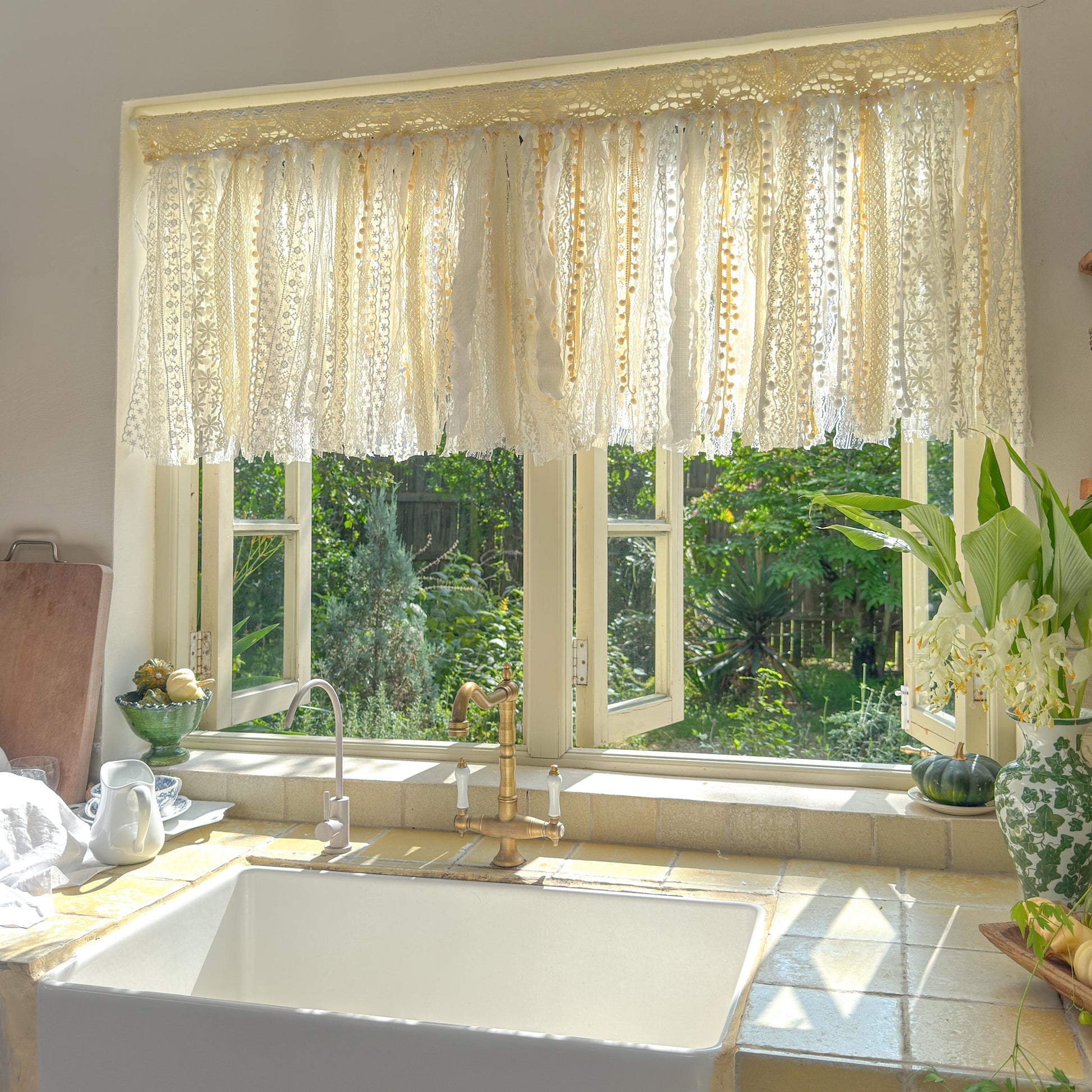 Rustic Shabby Chic Boho Curtains Valance, Beige White Crochet Lace Cafe Curtain, Cottagecore Farmhouse Kitchen Half Curtain, H-22inch (56cm)