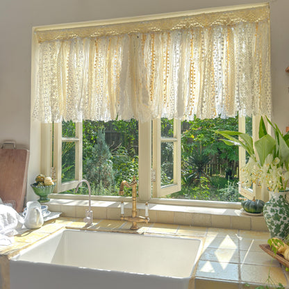 Rustic Shabby Chic Boho Curtains Valance, Beige White Crochet Lace Cafe Curtain, Cottagecore Farmhouse Kitchen Half Curtain, H-22inch (56cm)