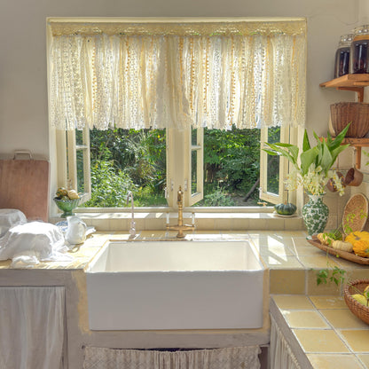 Rustic Shabby Chic Boho Curtains Valance, Beige White Crochet Lace Cafe Curtain, Cottagecore Farmhouse Kitchen Half Curtain, H-22inch (56cm)