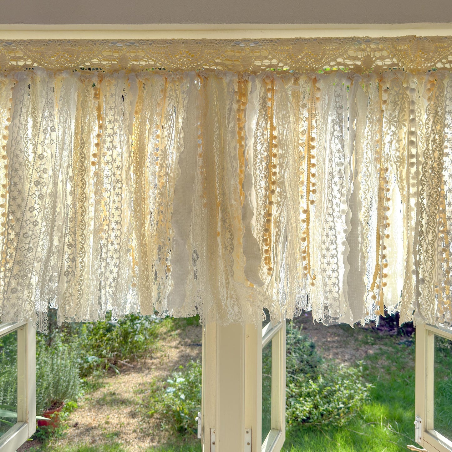 Rustic Shabby Chic Boho Curtains Valance, Beige White Crochet Lace Cafe Curtain, Cottagecore Farmhouse Kitchen Half Curtain, H-22inch (56cm)
