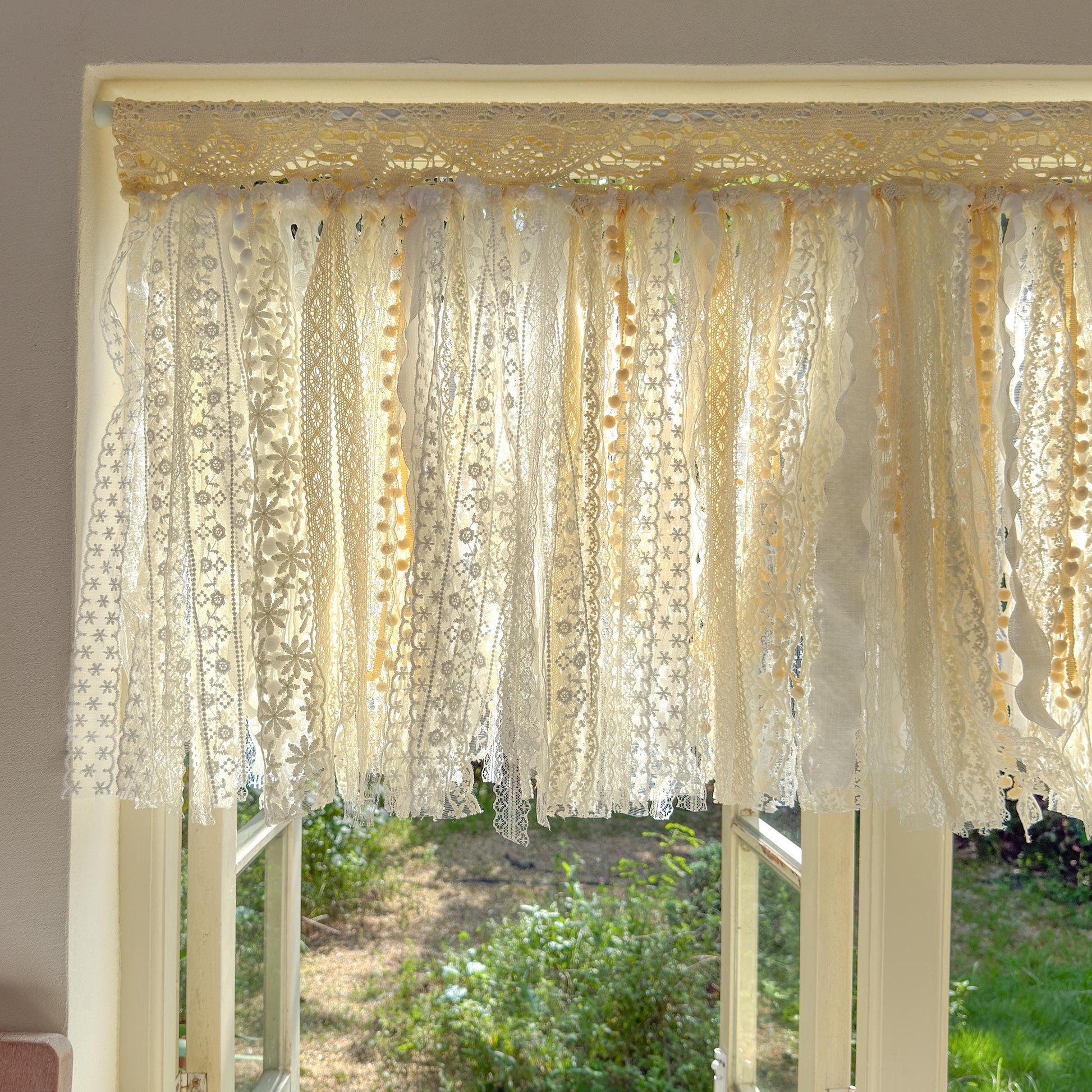 Rustic Shabby Chic Boho Curtains Valance, Beige White Crochet Lace Cafe Curtain, Cottagecore Farmhouse Kitchen Half Curtain, H-22inch (56cm)