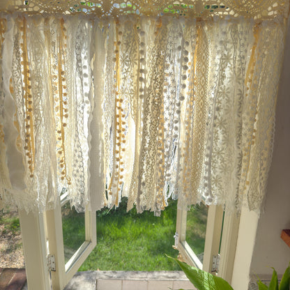 Rustic Shabby Chic Boho Curtains Valance, Beige White Crochet Lace Cafe Curtain, Cottagecore Farmhouse Kitchen Half Curtain, H-22inch (56cm)