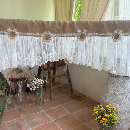 Shabby White Lace Curtain, Rustic Cottage Burlap Embroidered Tulle Window Valance, Farmhouse Kitchen Valance, Cafe Curtai, H-22inch (55cm)