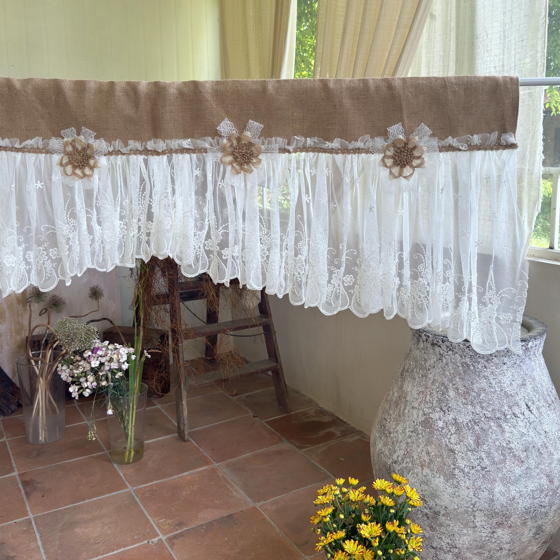 Shabby White Lace Curtain, Rustic Cottage Burlap Embroidered Tulle Window Valance, Farmhouse Kitchen Valance, Cafe Curtai, H-22inch (55cm)