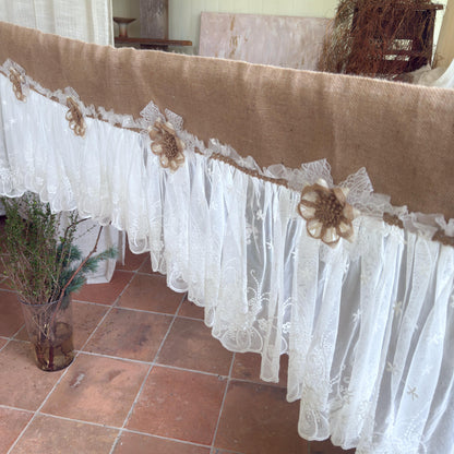 Shabby White Lace Curtain, Rustic Cottage Burlap Embroidered Tulle Window Valance, Farmhouse Kitchen Valance, Cafe Curtai, H-22inch (55cm)